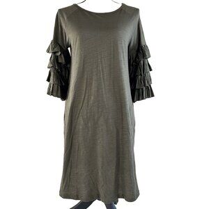 Umgee Dress Knit Tiered 3/4 Ruffle Sleeve Olive Army green Boho Pockets S NWT